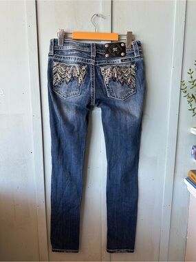 Y2K Miss Me Dark Blue Skinny Jeans with Beaded Back Pockets Size 26